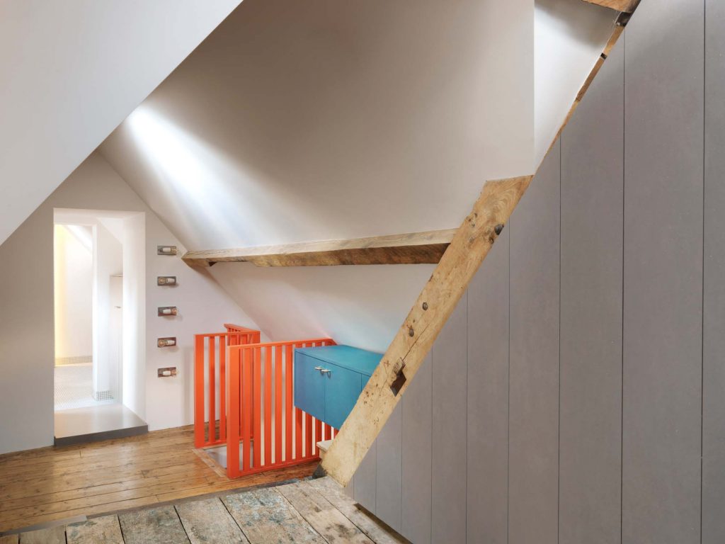 Studio MacLean bedroom interior design, orange staircase, valchromat, furniture design