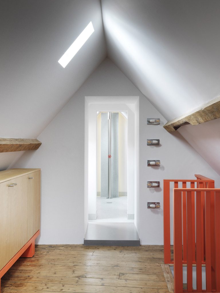 Bathroom design, bespoke cabinetry, hand made, boffi pipe shower, orange staircase