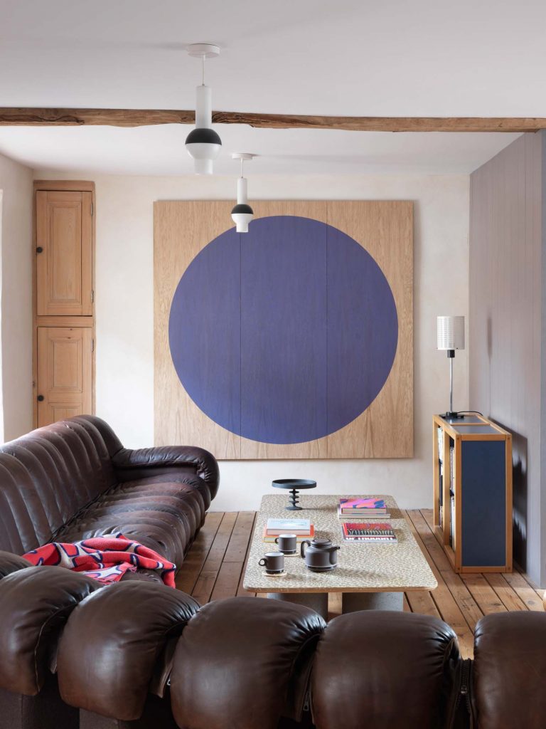 Cotswolds living room design, de sede sofa, lime plaster, modern rustic interior, digital artwork