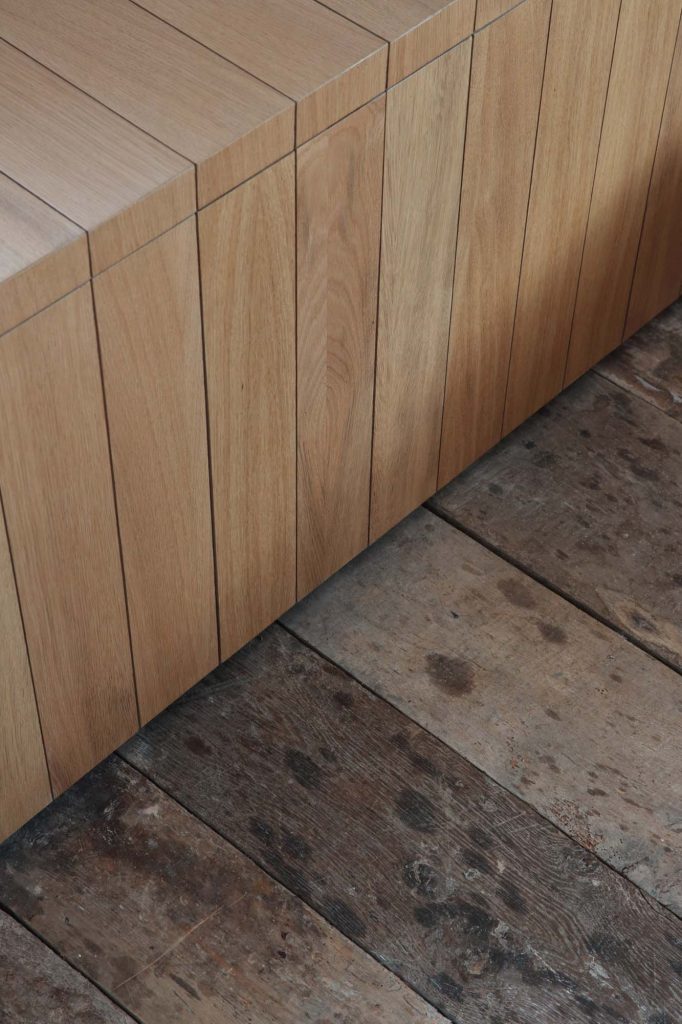 Studio MacLean bespoke cabinet in oak, rustic timber floors, minimal interior design