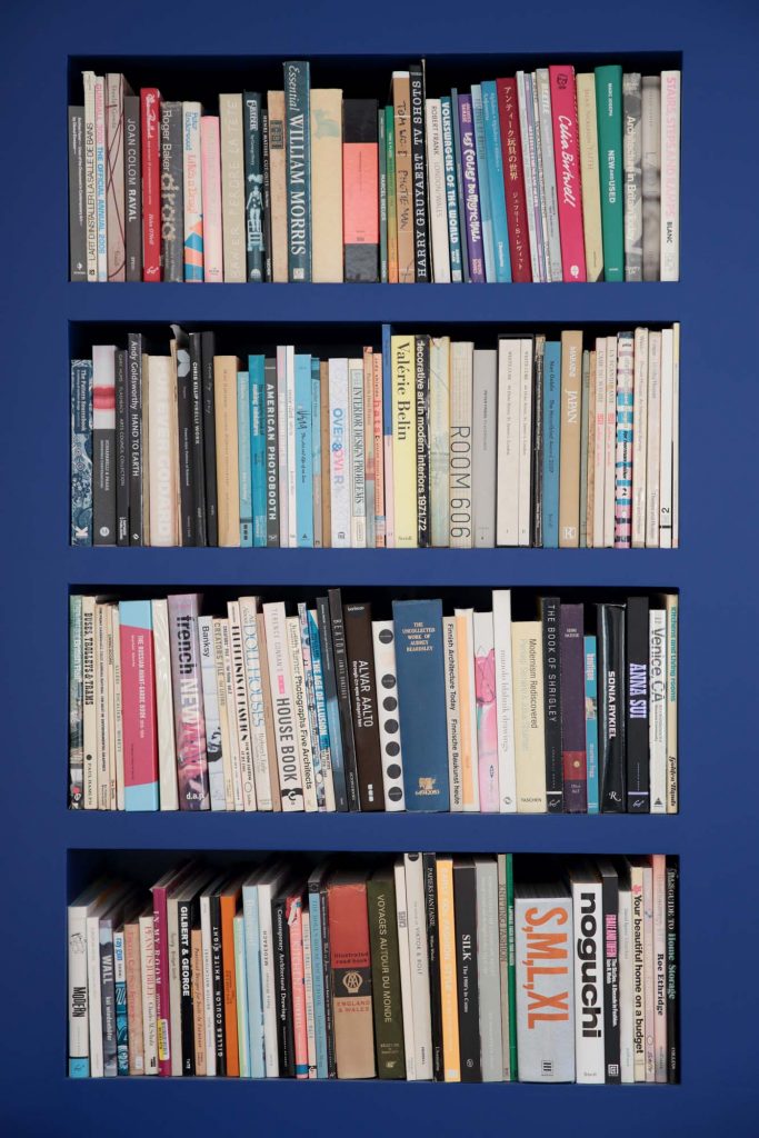 yves klein blue, built in bookcase, blue bookshelf, hand made furniture, minimal furniture